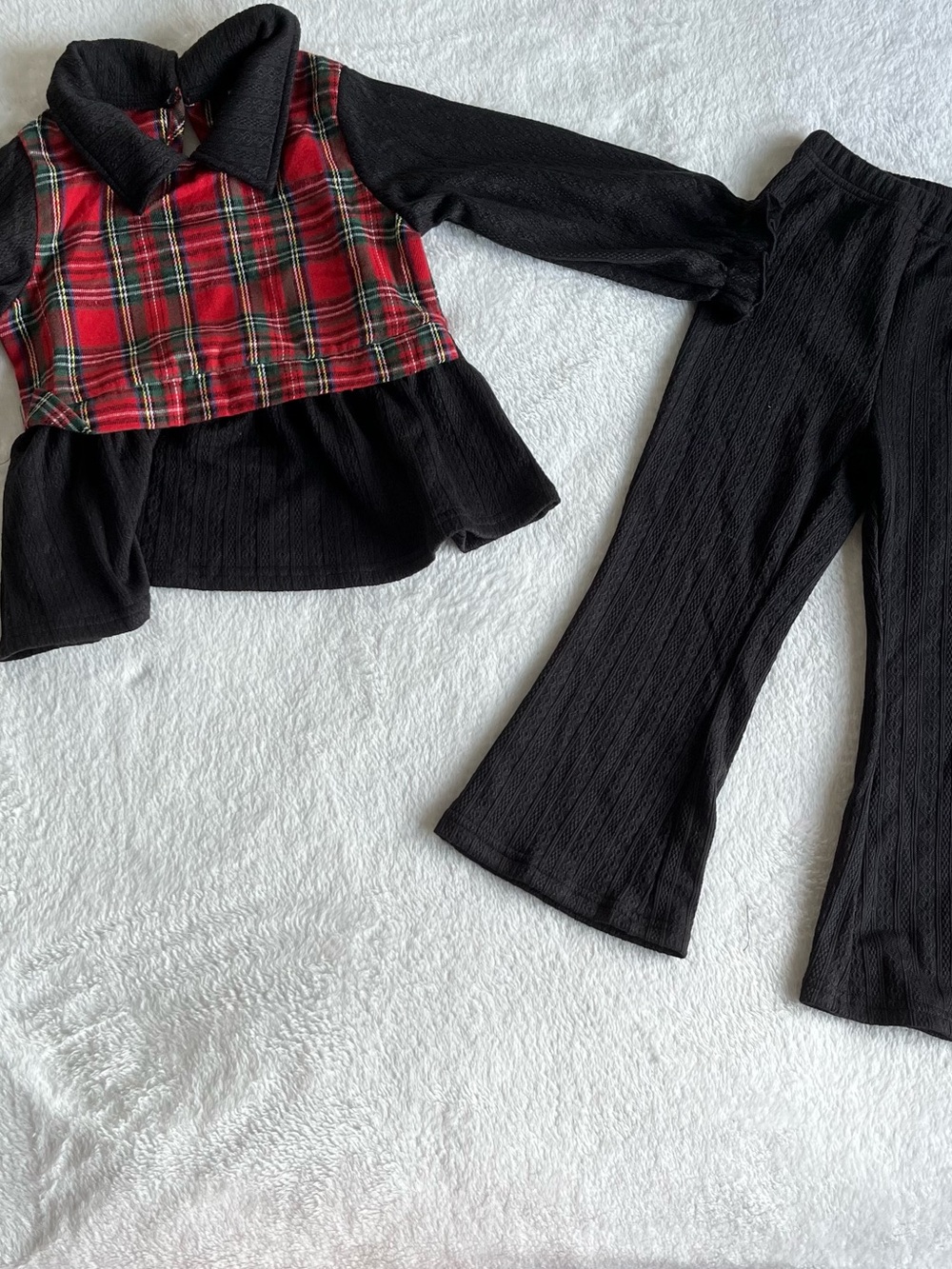 Two-Piece Plaid & Red Black Peplum Top with Black Pants Set Outfit Girls Toddler